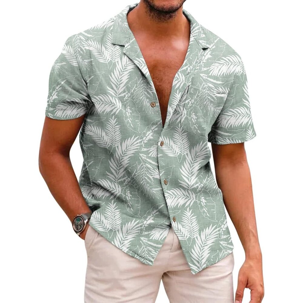 Men's Green Hawaiian Floral Shirt Cotton Linen Button Down Tropical Shirt